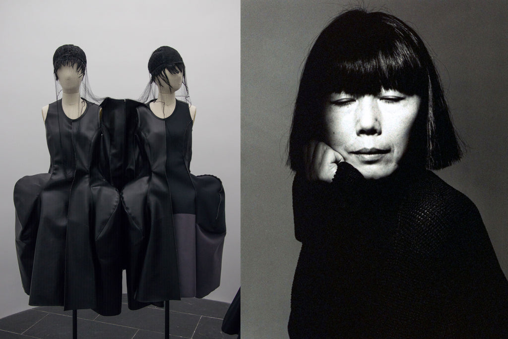 Left: An image from The Rei Kawakubo / Comme des Garcons Art of the In-Between show at the Met, taken by Rhododendrites. Right: Image of Japanese designer Rei Kawakubo, public domain.