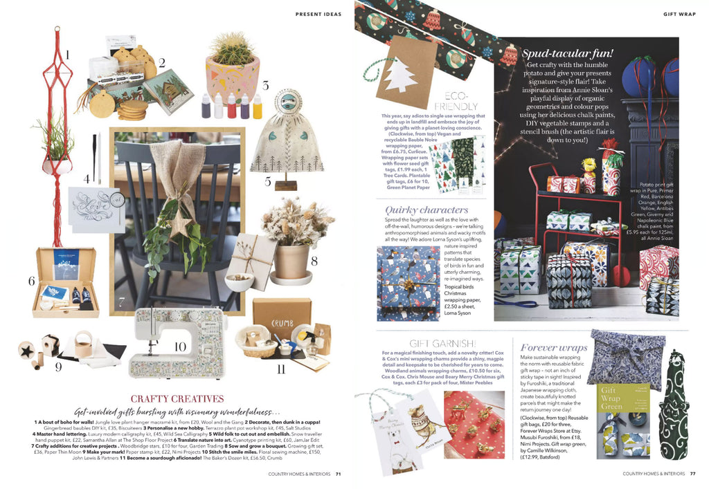 NiMi Projects Paper Stamp Kit (bottom left) and Furoshiki Wrapping Cloths (bottom right) featured in Country Homes & Interiors magazine