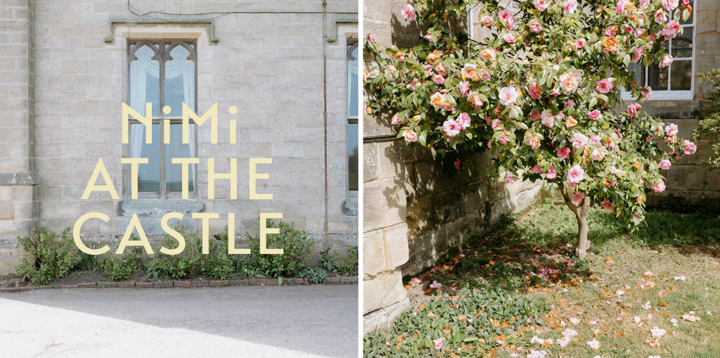 NiMi at the Castle.  A composite of two images of Chiddingstone Castle in Kent. Left, a stonewall with arched window. Right, a bush of roses by the castle's stone walls.