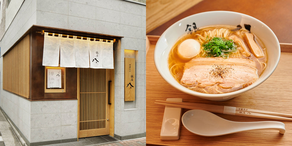 A joint image of the exterior of  Ginza Hachigou ramen restaurant on the left and its 2022 Michelin star winning ramen on the right..