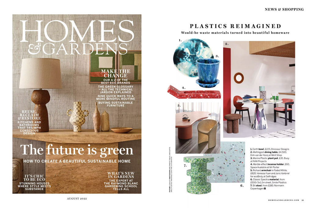 NiMi Projects' Buoy recycled ocean plastic waste plant pot in blue, featured in Homes & Gardens magazine.