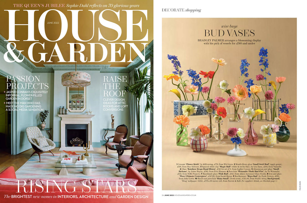 NiMi Projects UK's Watanabe Thoki Flat Vase featured in a June 2022 House & Garden magazine spread.