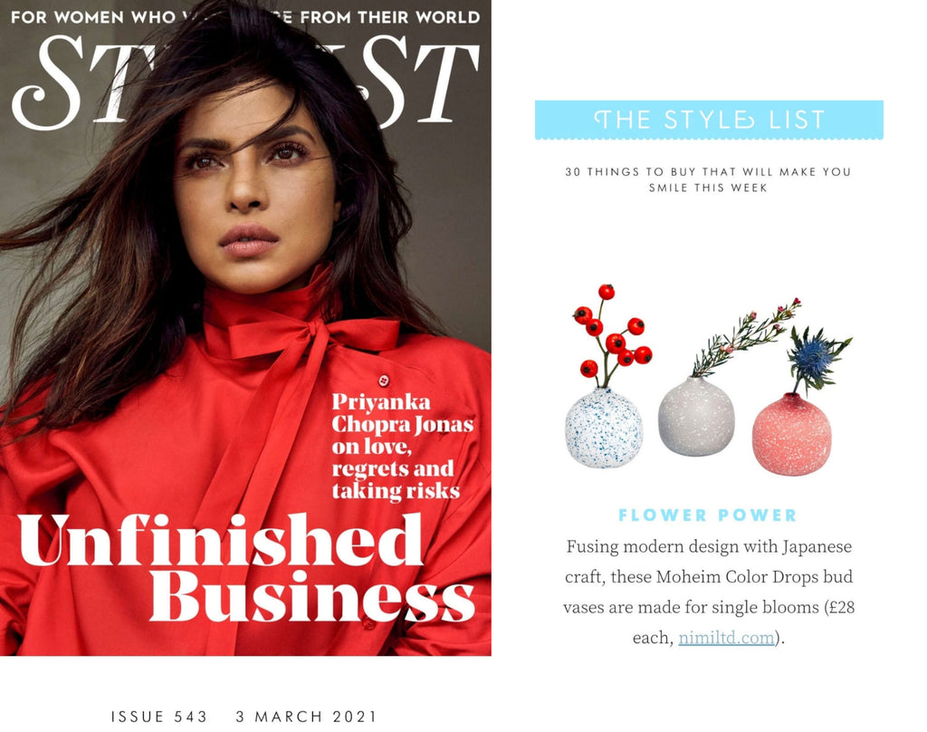 NiMi Projects Moheim Color Drops Vases, small round bud vases in white with blue flecks, grey with white flecks and red with white flecks, as featured in Stylist magazine