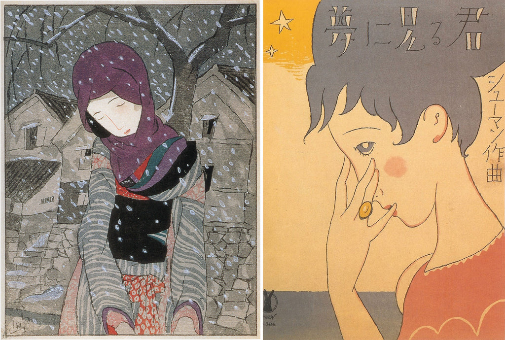 Composite of Takehisa Yumeji's illustration of a woman in snow wearing a grey kimono, and an illustration of a woman for music sheet cover.