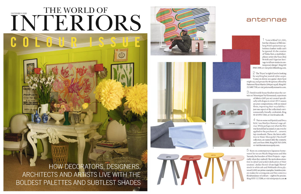 NiMi Projects Atelier Yocto Flower Stools in pink, yellow red and blue featured in the World of Interiors magazine