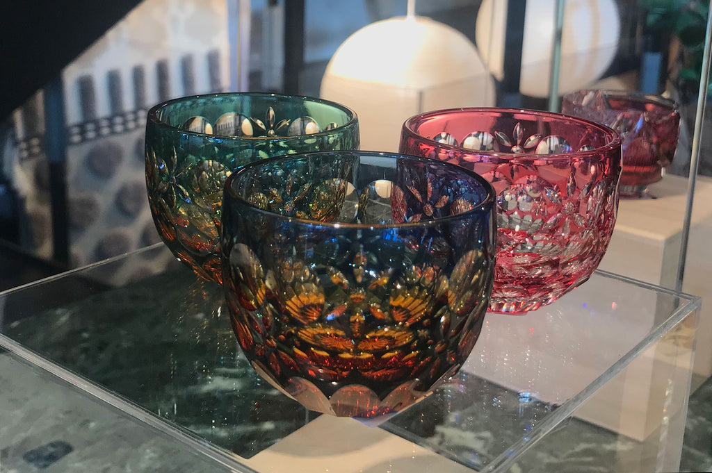 Japanese contemporary Edo Kiriko coloured cut glass cups, on display in a store in Tokyo