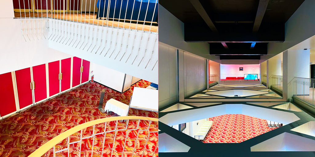 Two images of the retro interior of the Sun Hatoya hotel in Ito, Shizuoka, Japan. The hotel retains much of its original Showa decor, which attracts tourists who enjoy a nostalgic stay.