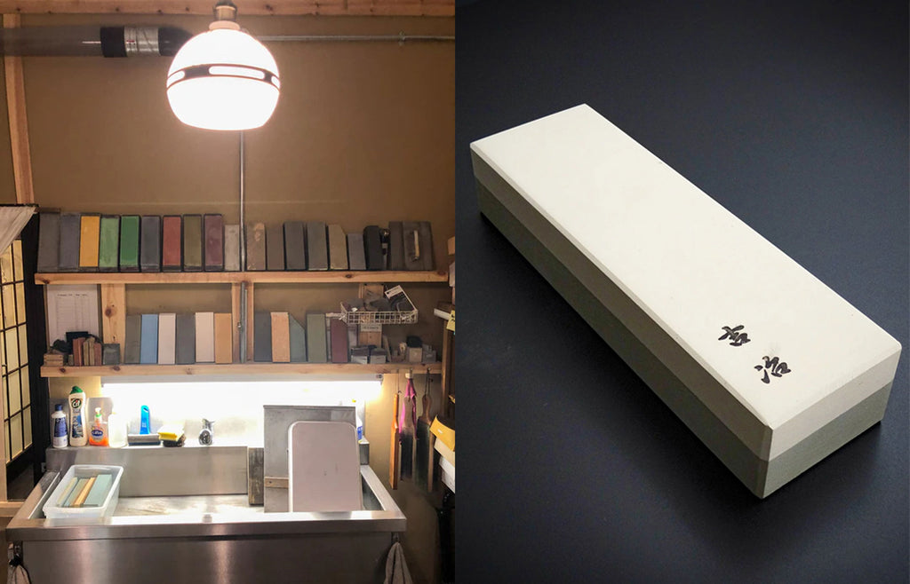Left: An image of Kataba knife specialists' blade sharpening studio. Right: An image of the box of a Japanese knife sold at Kataba.