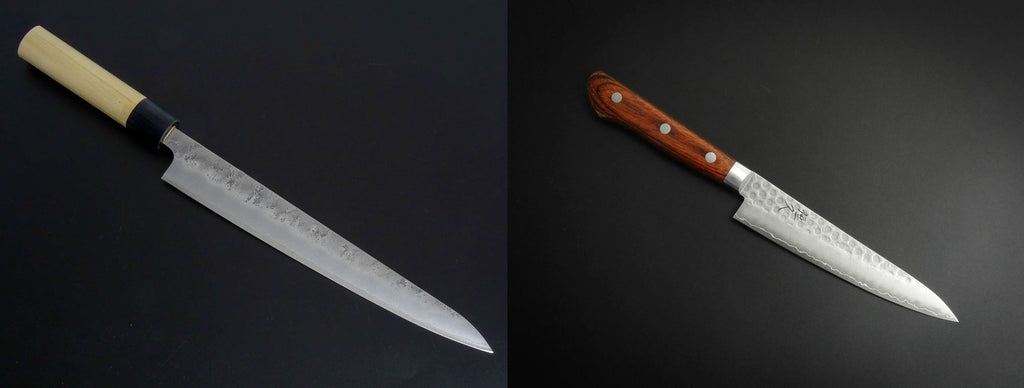 Two images of Japanese knives sold at Kataba. Both feature wooden handles and hammered blades, made by traditional artisans in Japan.