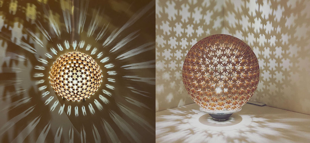 Two spherical lamps, made using traditional Japanese kumiko latticework techniques, designed by Mai Suzuki of Nami-iki. Photos by Mio Yamada