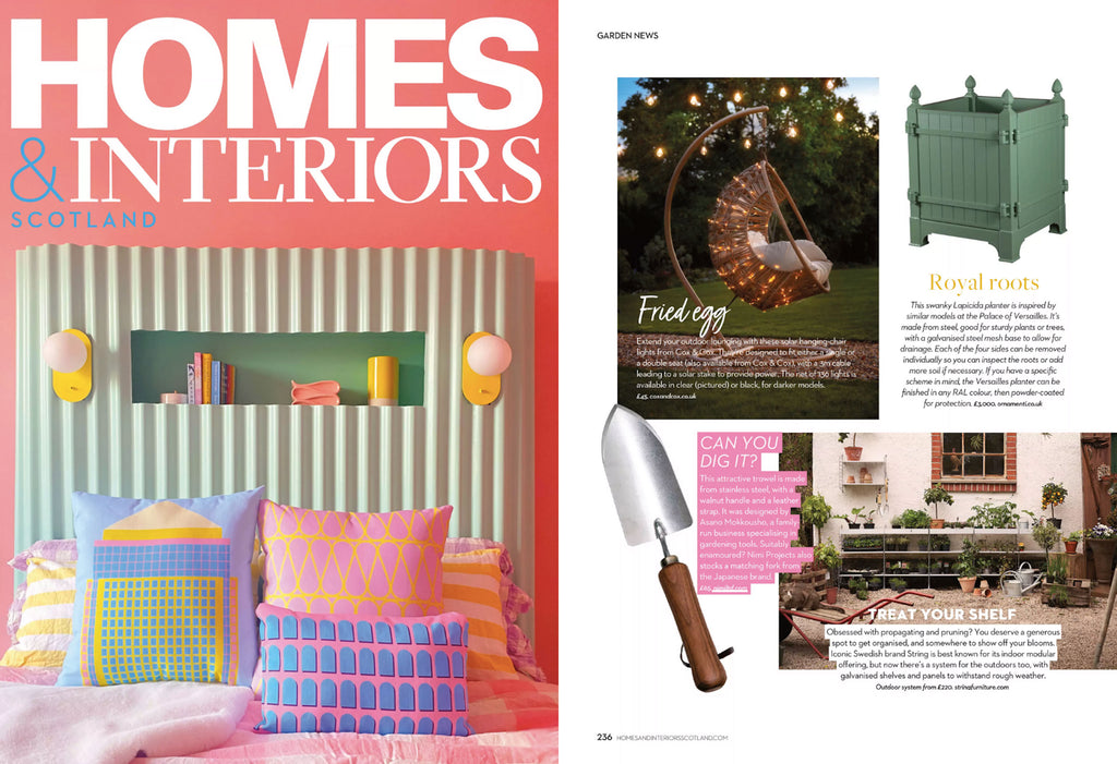 NiMi Projects' Asano Mokkousho Gardening Trowel, featured in a spread of gardening goods for Homes & Interiors Scotland magazine.