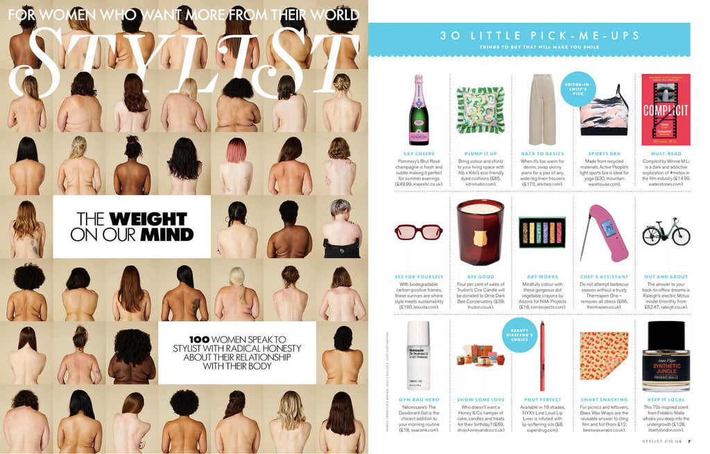 NiMi Projects Aozora Dot Vegetable crayons featured in a spread of "pick me up" gifts in Stylist magazine, June 2022.