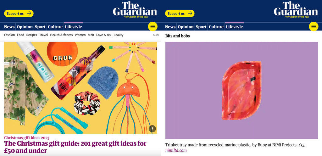 Nimi Projects' Buoy recycled marine plastic mini leaf tray featured in The Guardian Christmas Gift Guide, Dec. 2023