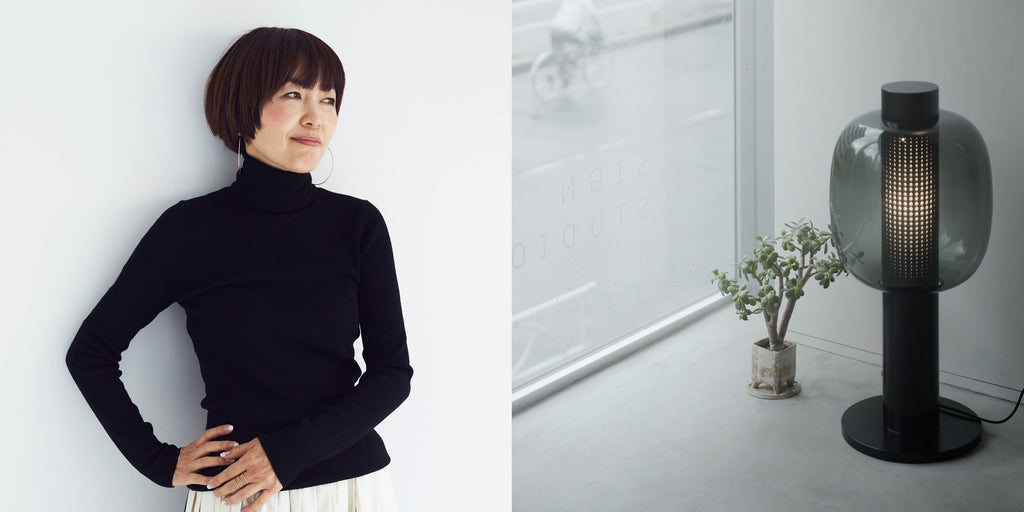 Left: Portrait of Fumie Shibata. Right: BONBORI Glass Lighting, designed by Fumie Shibata.