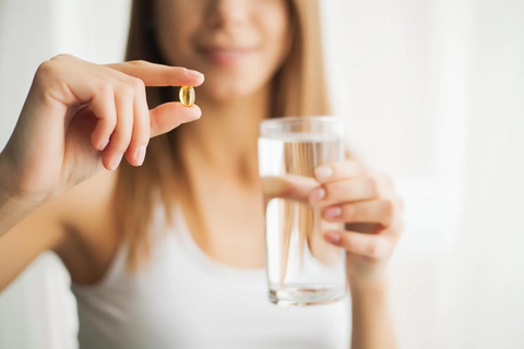 Woman with suppliment pill and a glass of water