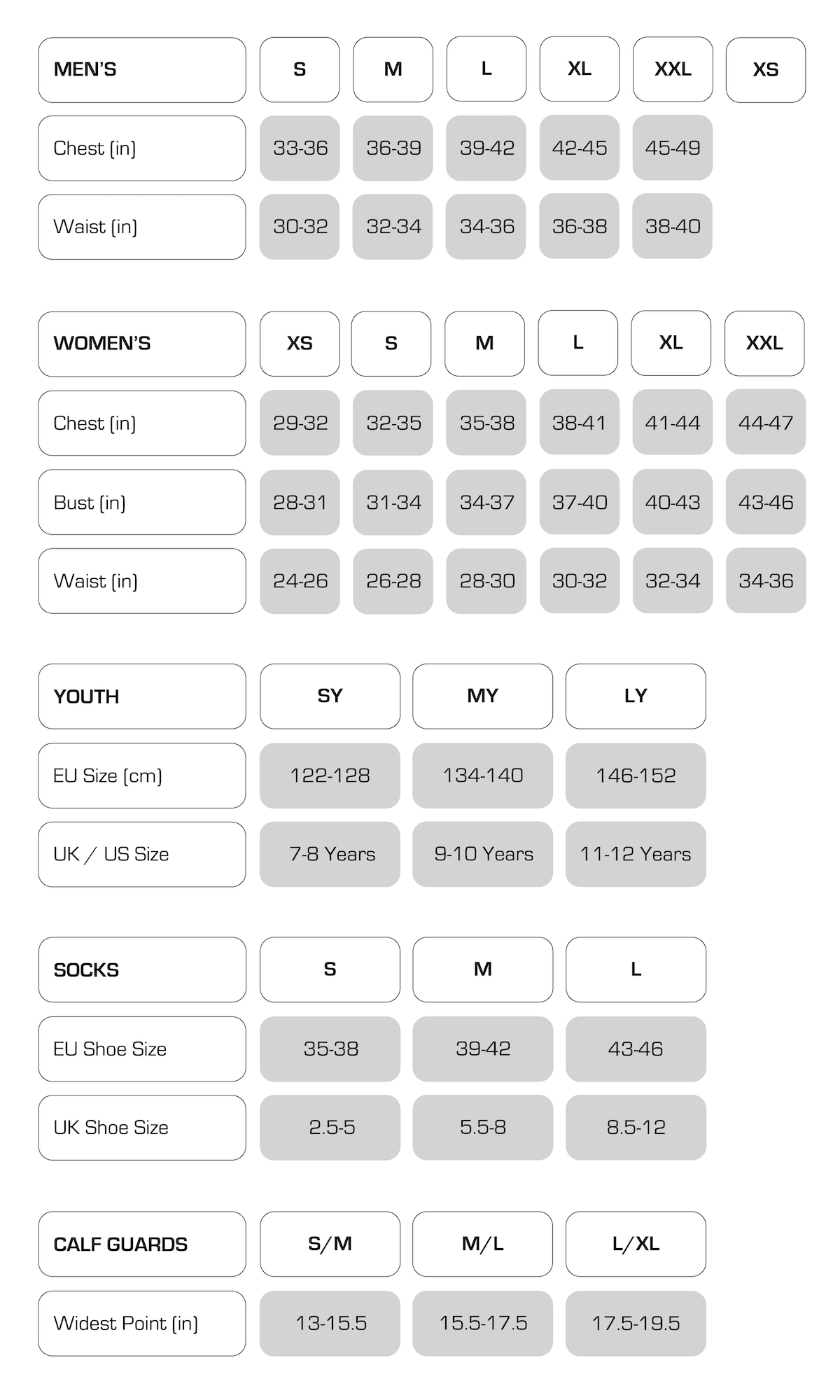 Sub Sports Size Chart