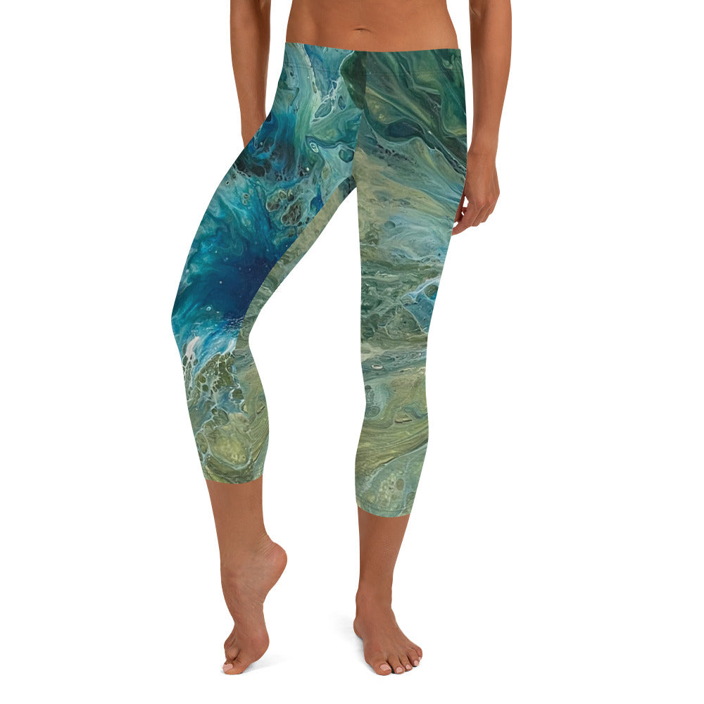 Fluid Green & Turquoise | Women's Fine Art Regular-Waist Capris
