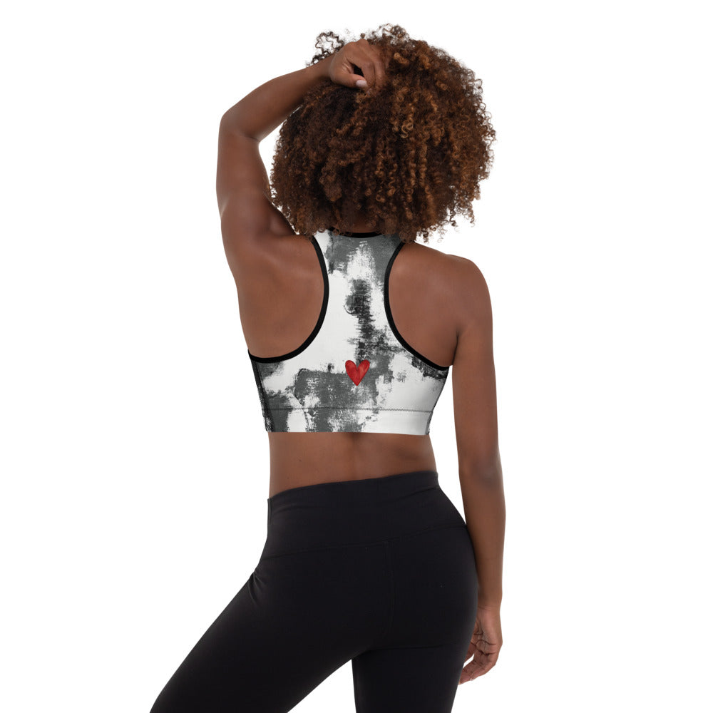 Download Abstract Woman Black And White With Red Hearts Padded Sports Bra Debbie Dannheisser Threads