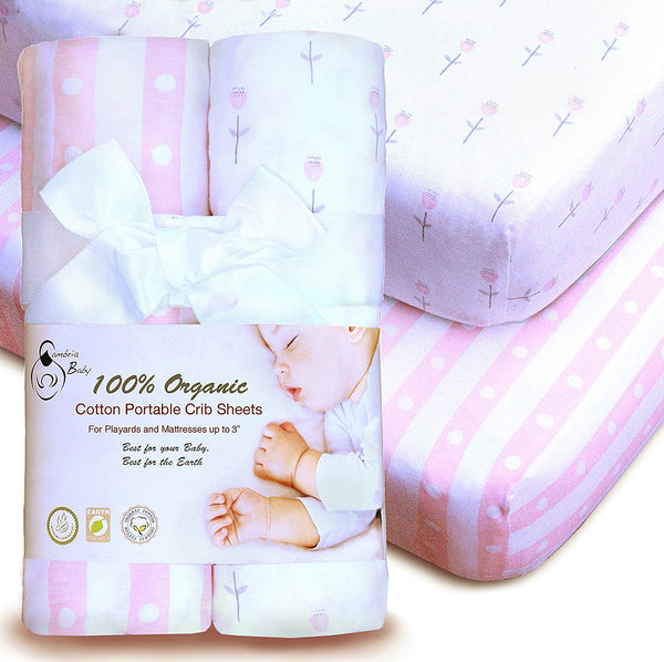 3 Pack 100% Organic Cotton Bassinet Sheets, Roses and Pink for