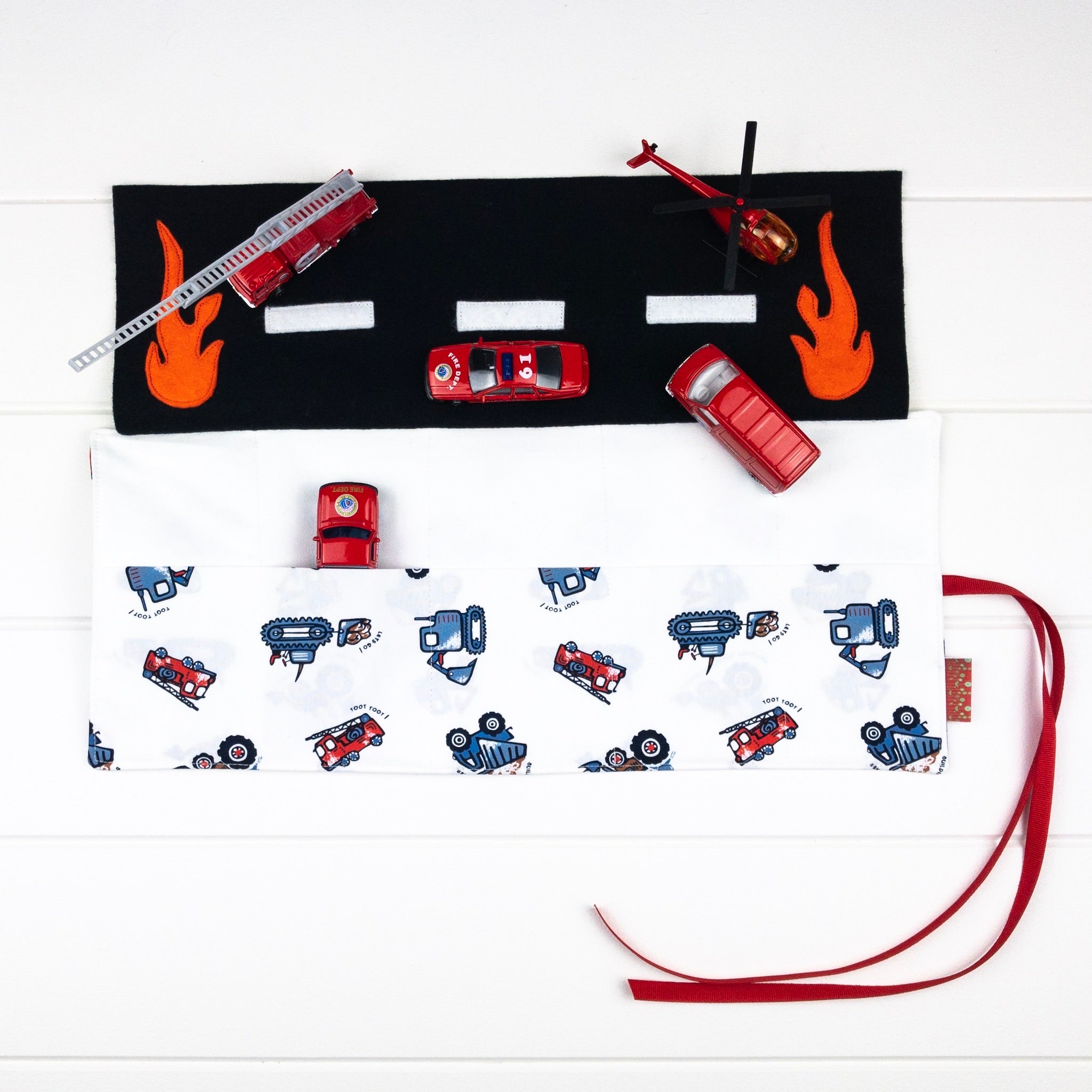 Fire Playmat - Off-white Construction and Fire Truck fabric | Little Seb