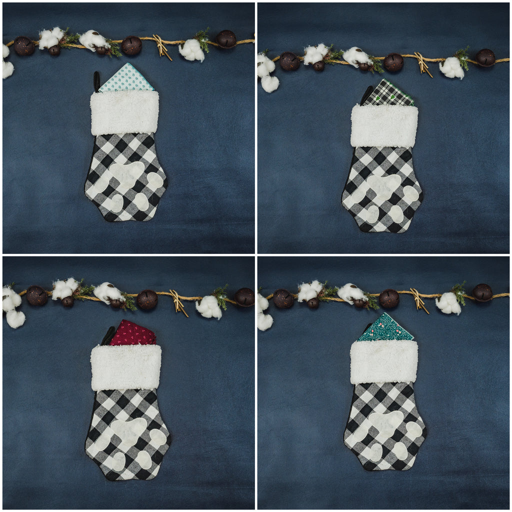 Four holiday bandanas in a stocking, collage image