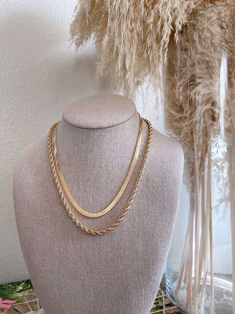 womens gold rope chain and herringbone necklace