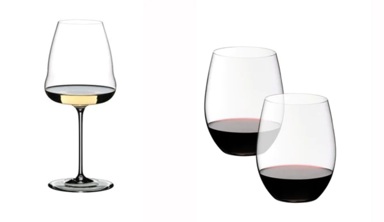 A Riedel Winewing Sauvignon Blanc stemmed glass and Riedel Cabernet/Merlot wine glasses