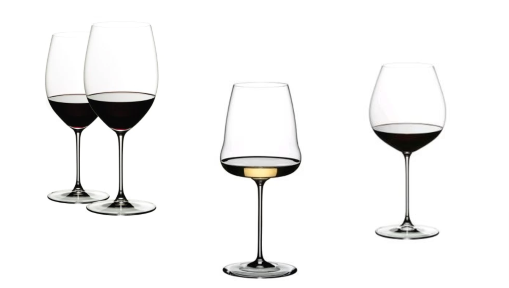 Riedel’s Veritas Cabernet Glasses, a Winewings Chardonnay Glasse, and a Veritas SNG Pinot glass