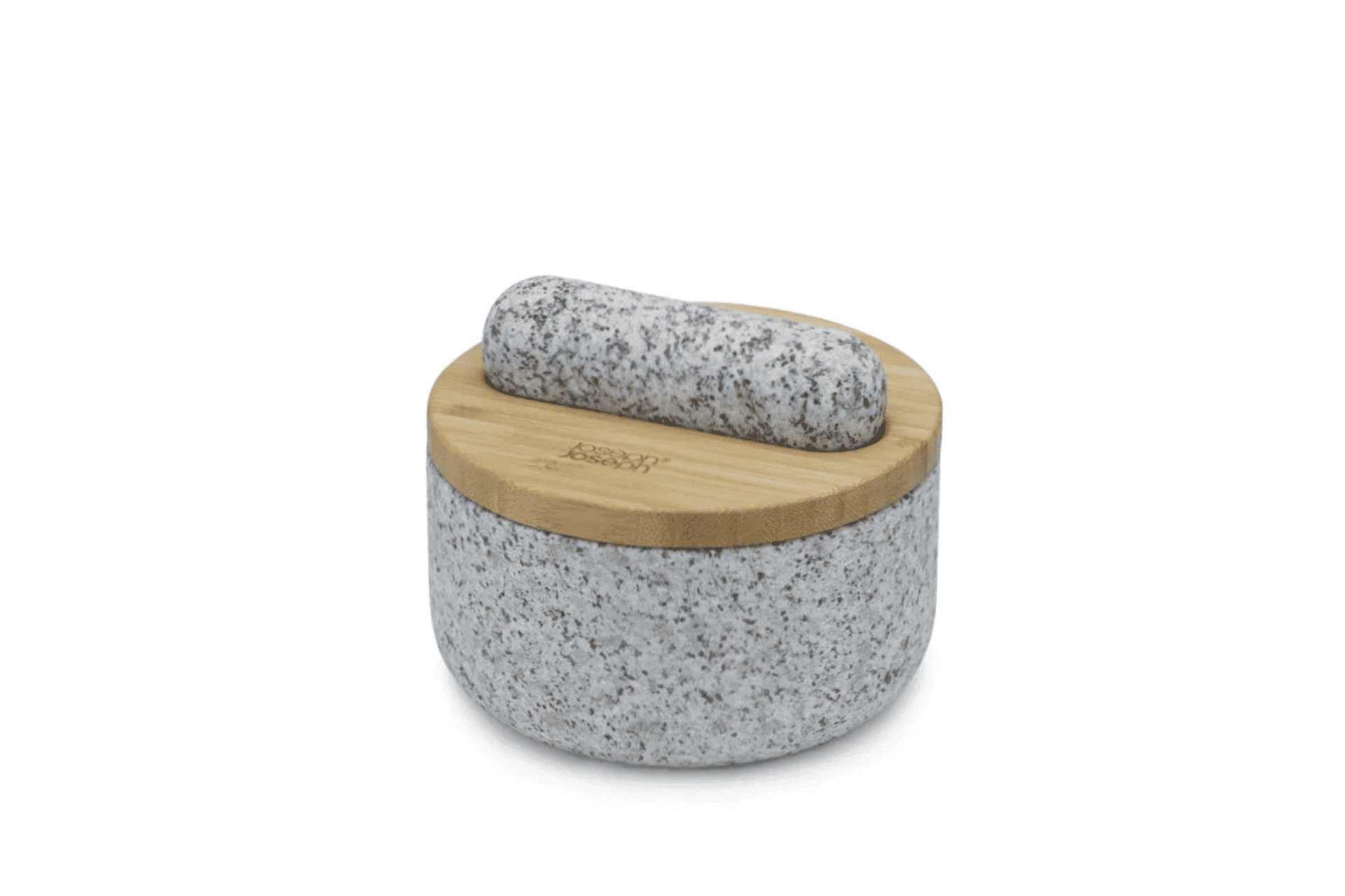 Granite mortar and granite pestle with a wood cover