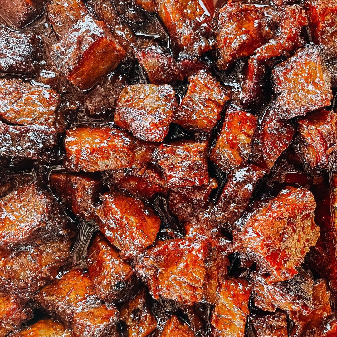 A close-up shot of burnt ends brisket beef