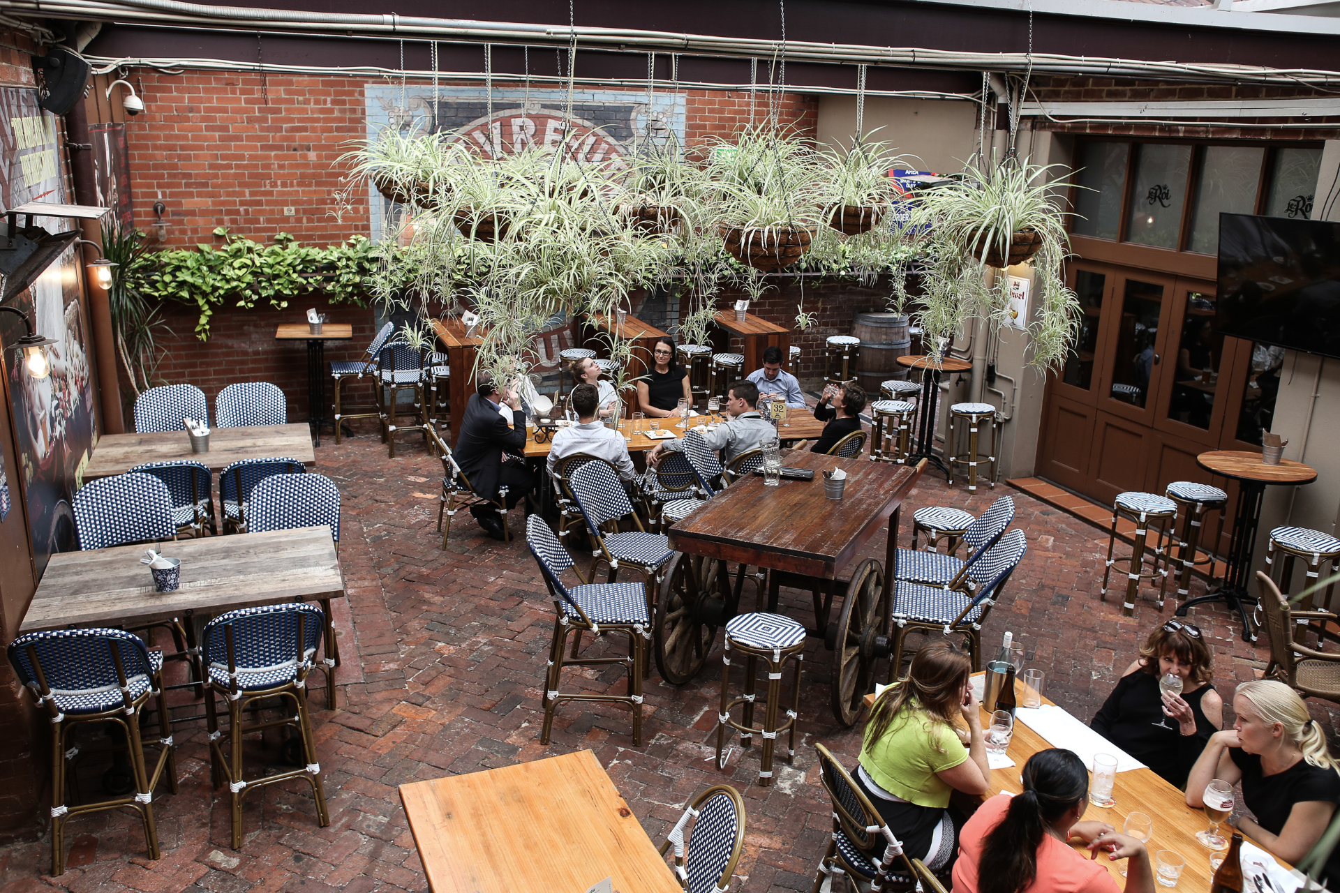 a covered back patio at a restaurant with hanging plants