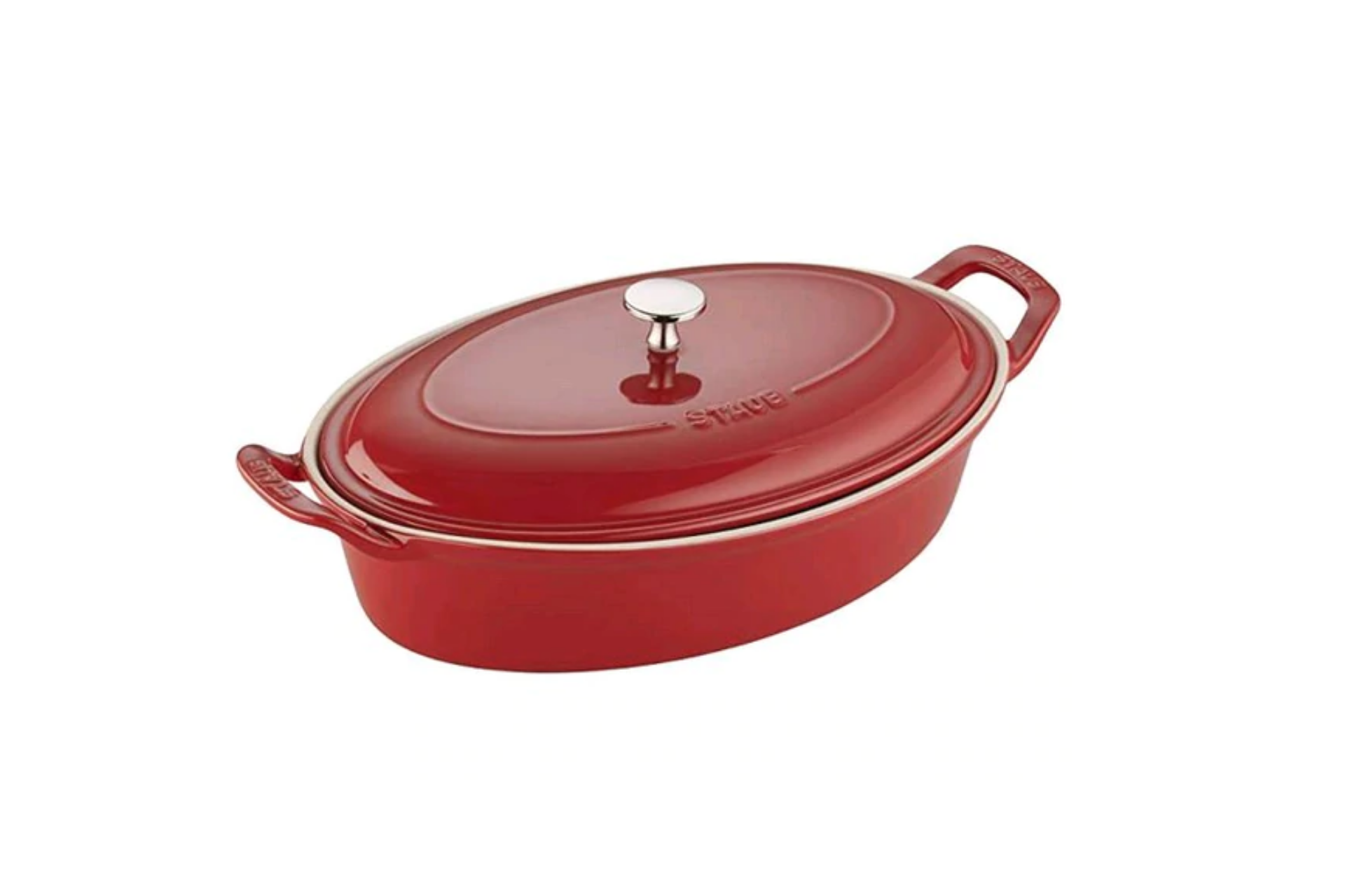 a red baking dish