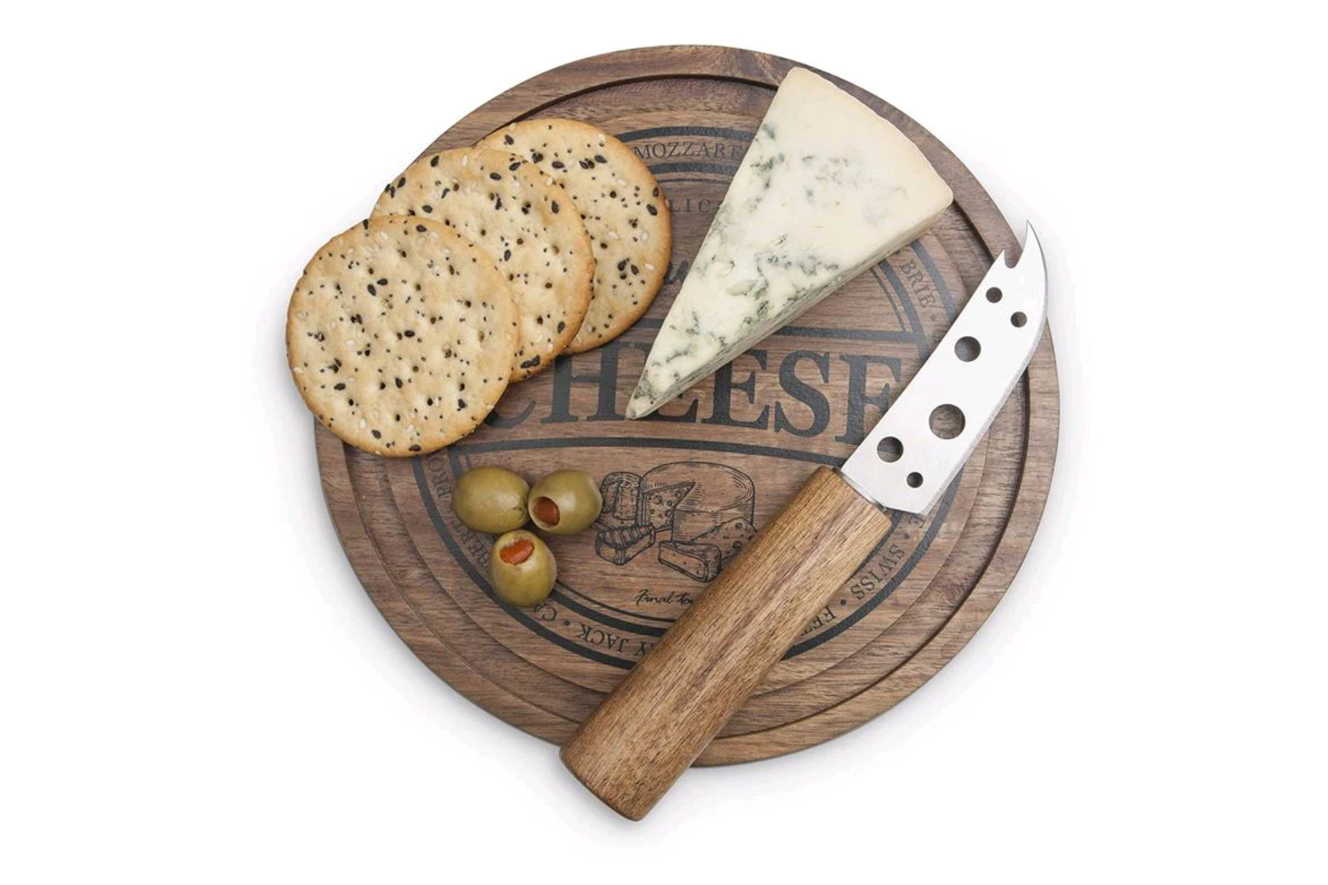 Final Touch 2pc Cheese Board & Knife set with cheese, olives and crackers on it