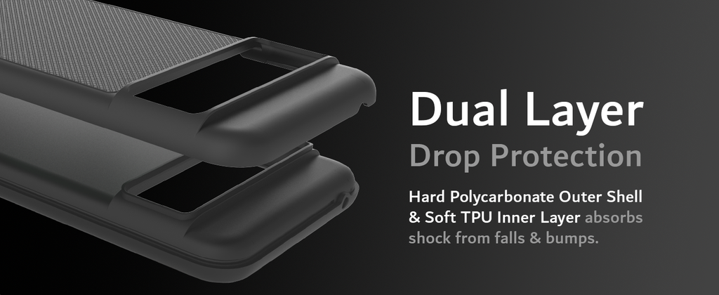 Dual Layer Drop Protection Hard Polycarbonate Outer Shell and Soft TPU Inner Layer absorbs shock from falls & bumps.