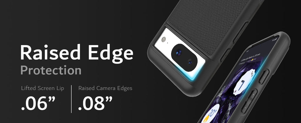 Raised Edge Protection Protects your camera and screen with raised lip and edges. Lifted Screen Lip .06" Raised Camera Edges .08"