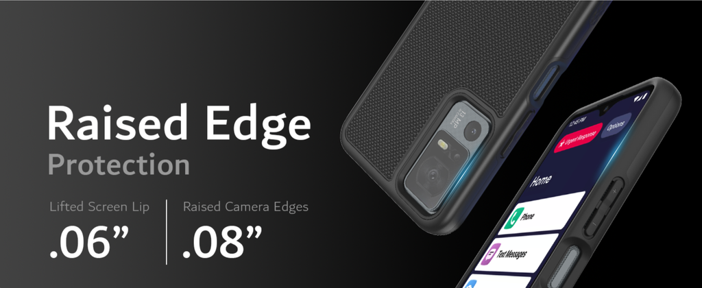 [Raised Edge Protection] Protects your camera and screen with raised lip and edges. Lifted screen lip is .06 inches. Raised camera edge is .08 inches thick.