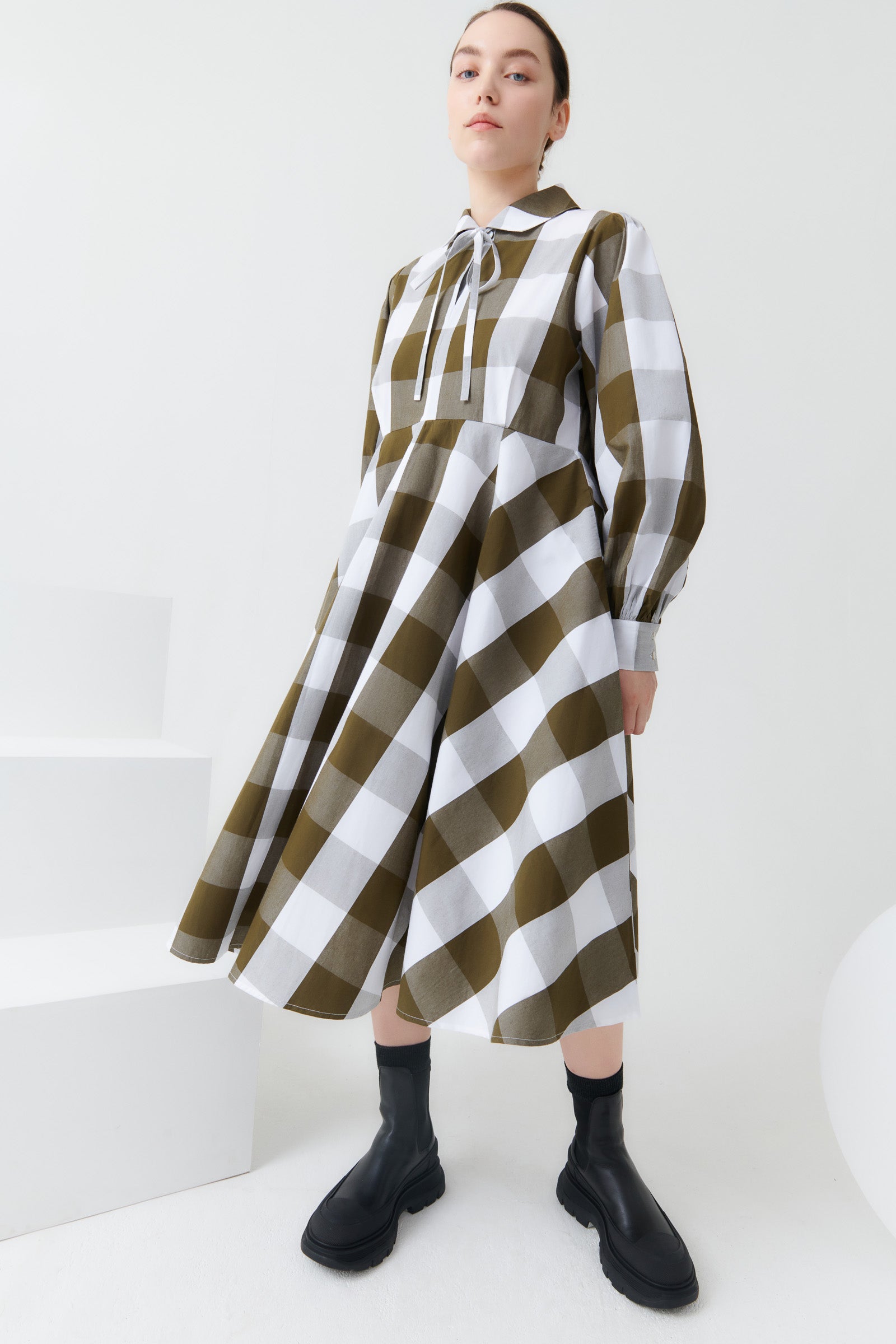 Shop Ella Dress - Khaki Check | Kowtow Clothing