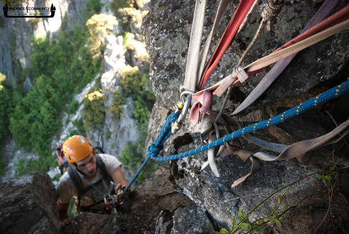 Ascending the 700 feet of fixed line to the top of Cathedral Spires - Photo by Jordan Tybon