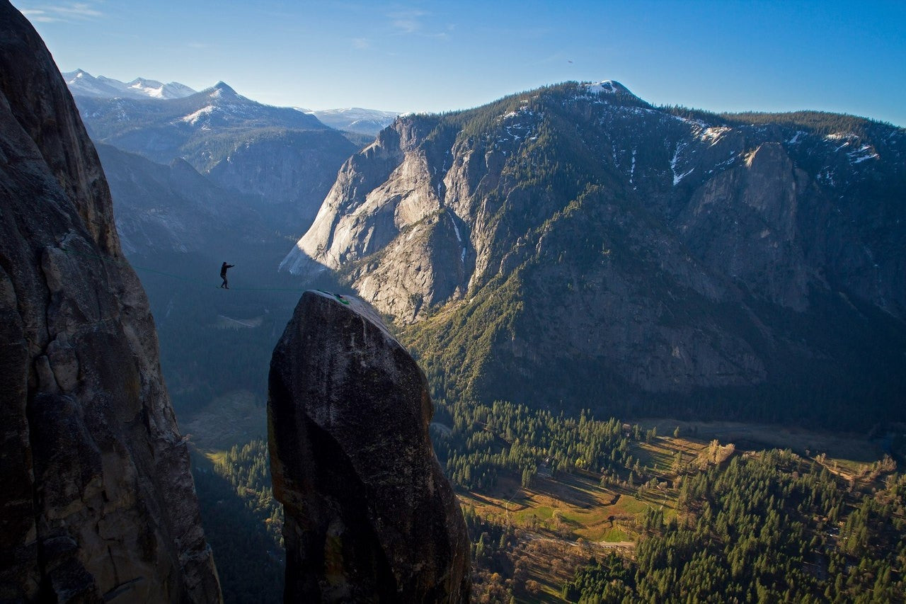 The classic Lost Arrow Spire highline. Photo by Max Silver.