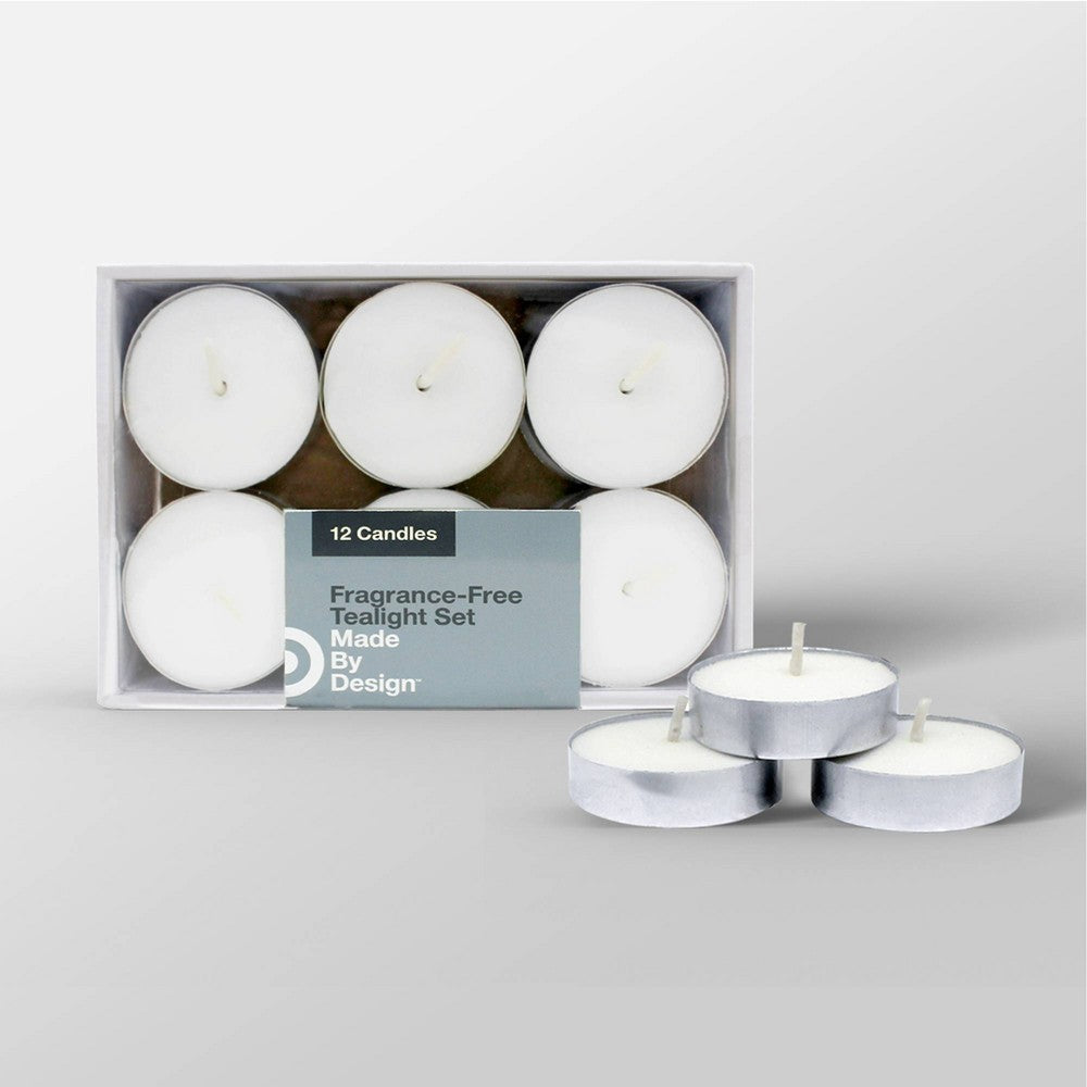 0.4 x 1.5 12pk Unscented Tealight Candle Set White - Made By Design™