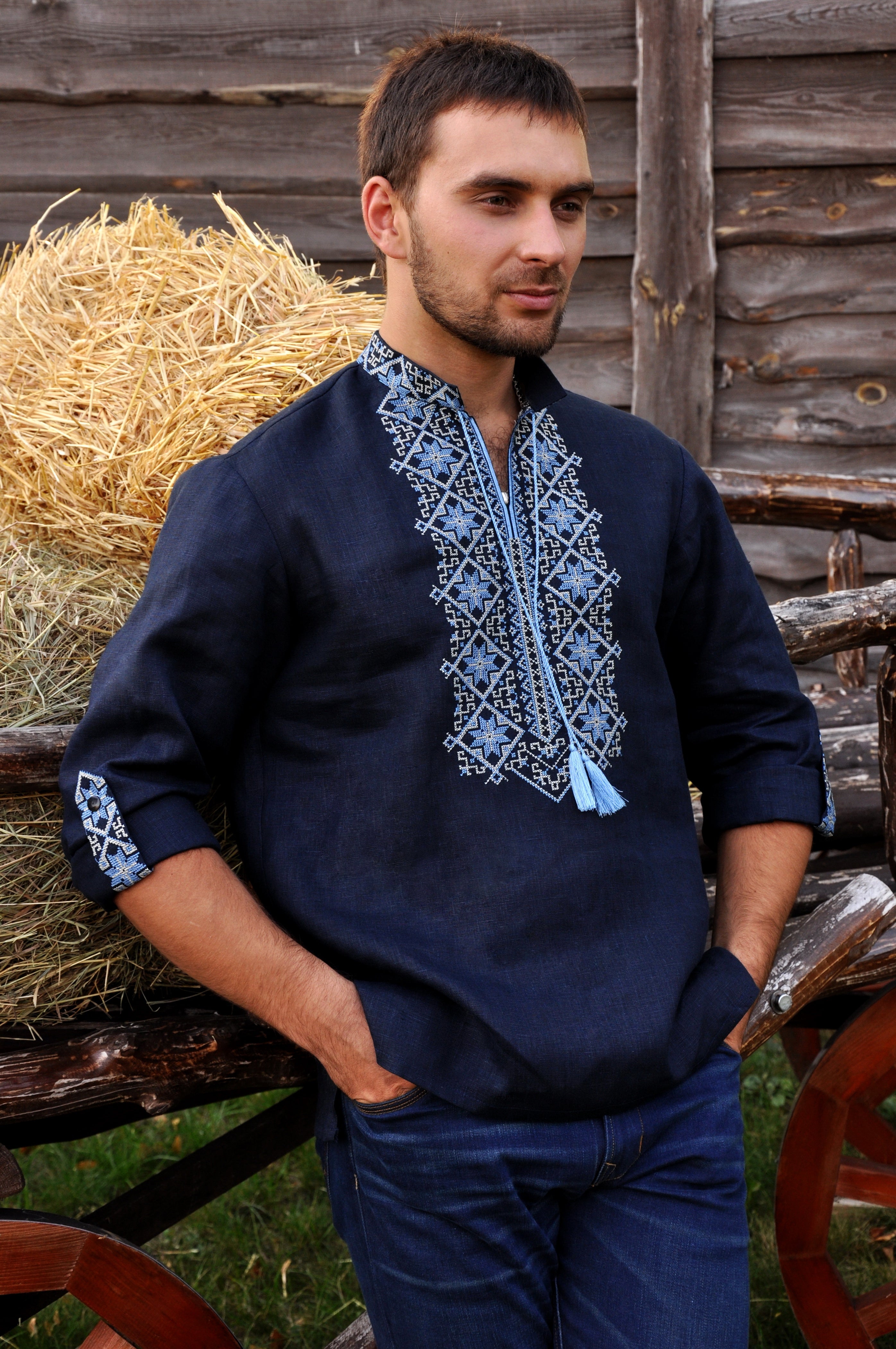 Mens Vyshyvanka Ukrainian Embroidered Long Sleeve Shirt Dark Blue ...