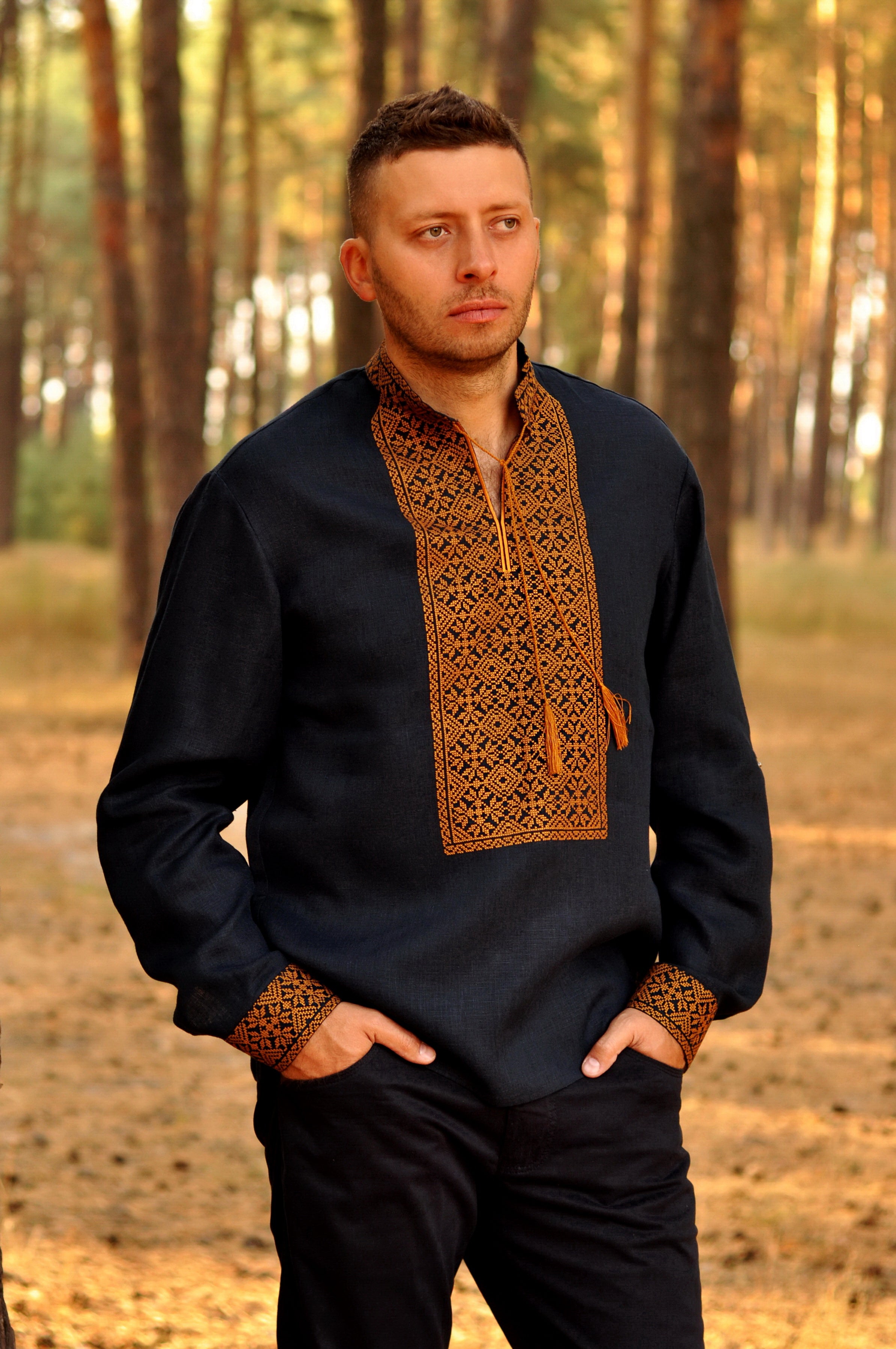 Mens Vyshyvanka Ukrainian Embroidered Long Sleeve Shirt Dark Blue ...