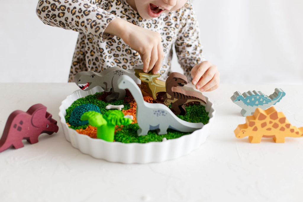DIY Creative Play - Dinosaur FIMO fun with wooden toys and baking tray