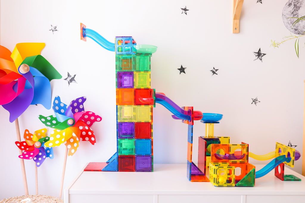 Learn a& Grow Marble run in playroom with colourful pinwheels