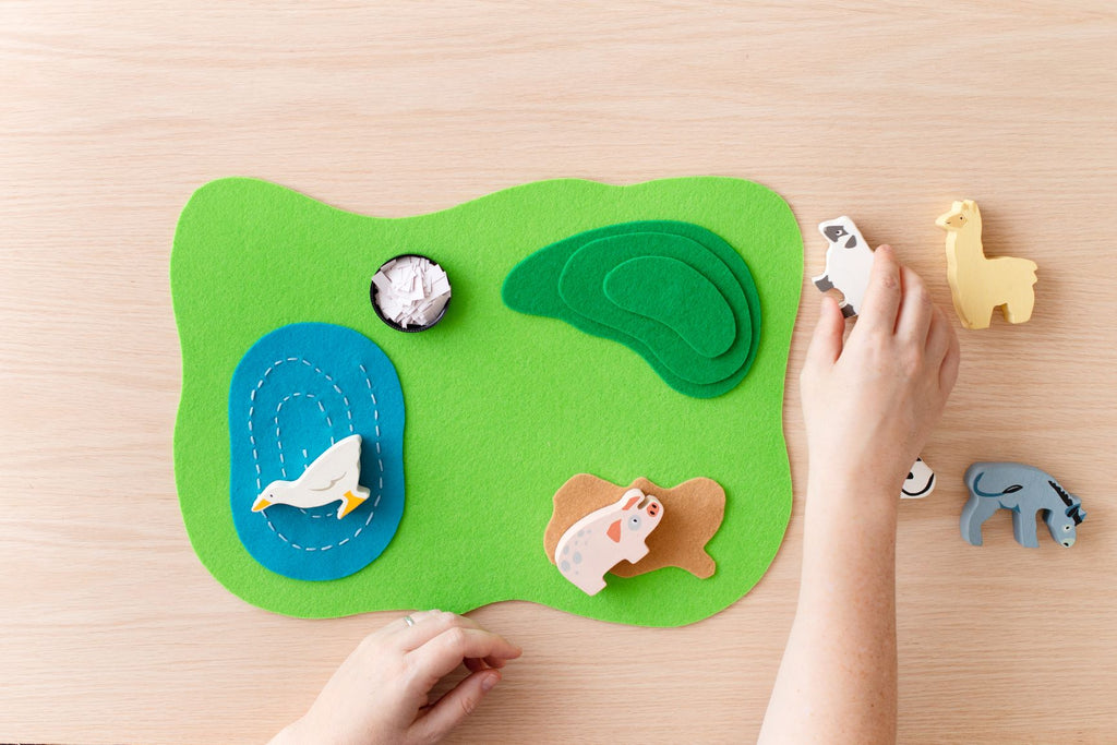 Tender leaf Wooden farm animals and DIY Felt Farm for creative play