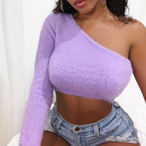 Fuzzy Feels Purple One Shoulder Crop