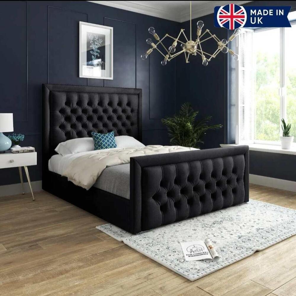 Modern bedroom with a tufted, dark single bed frame. Flag in corner: Made in UK. Choose single bed frame for style.