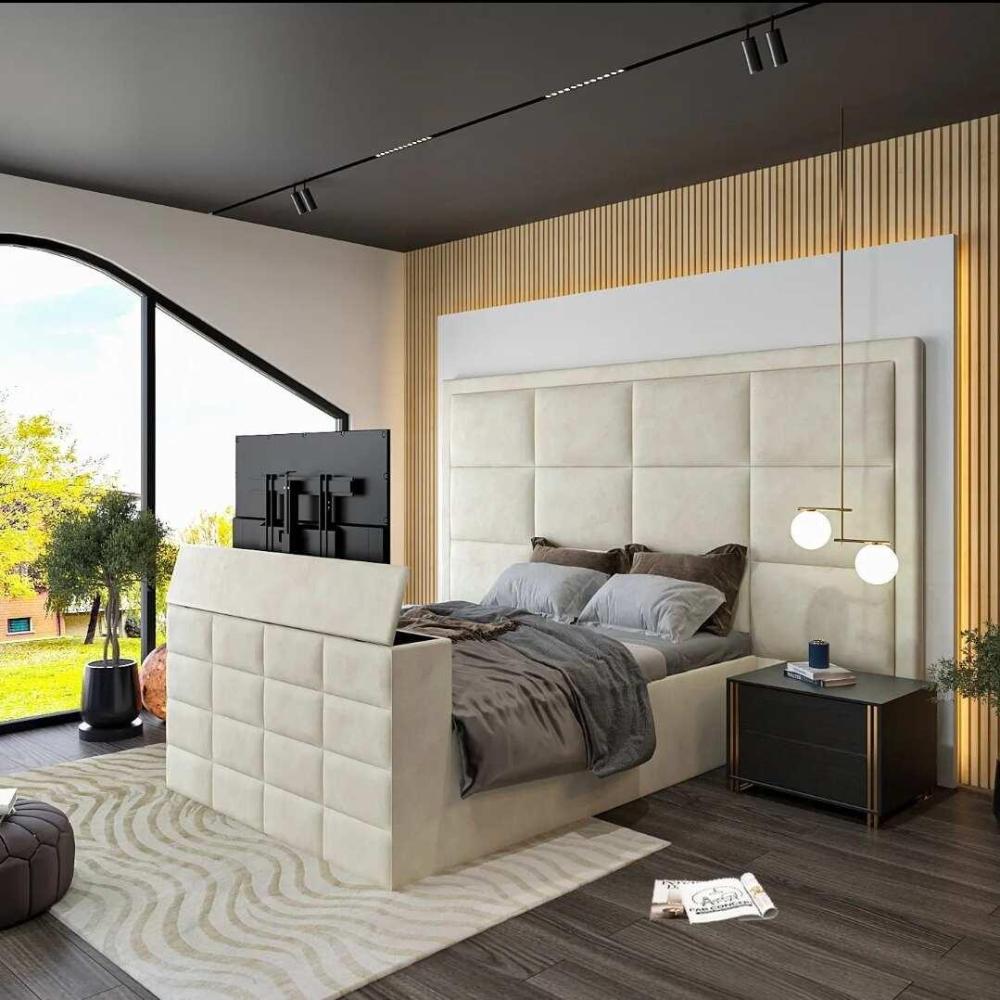 Modern bedroom with TV bed, sleek dΓ©cor, large window, and lush outdoor view; features padded headboard and wood floor.