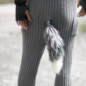 Adult Gray Fox Cotton Knit Jumpsuit with Tail
