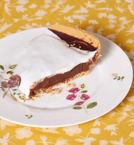 Chocolate Meringue Cake on Chefanie Floral Plate and Tablecloth